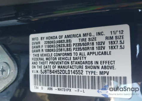 2013 Acura Rdx Technology from USA, damaged, VIN 5J8TB4H52DL014552